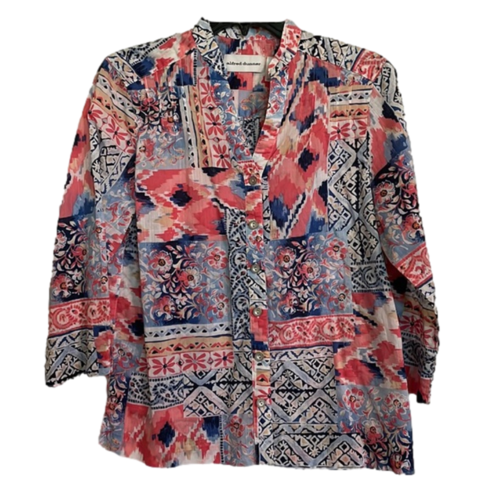 ALFRED DUNNER Button Down V-Neck Blouse, Women’s 8, Pink Blue